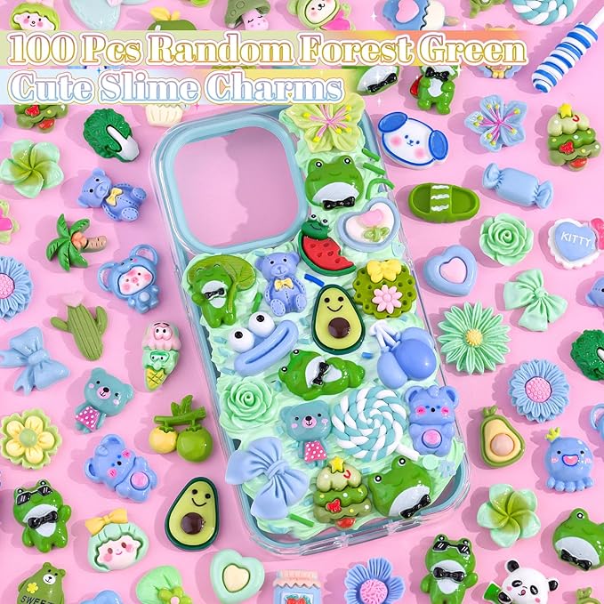 100PCS Green Slime Charms Cute Flatback Resin Charms for Slime, Random Kawaii Decoden Charm for Embellishments Phone Junk Case Charms Bulk, Hairpins Scrapbooking Crafting & DIY Decoration