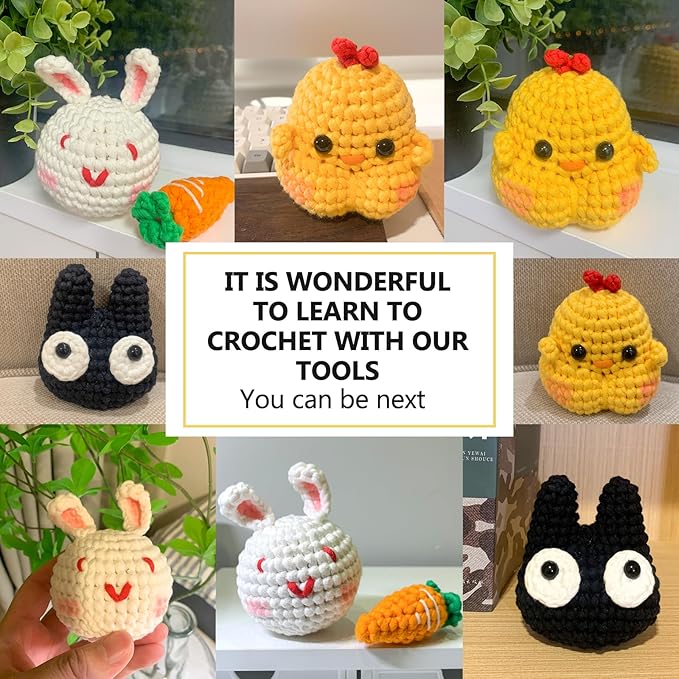 XSEINO Crochet Kit for Beginners,Crochet Start Kit with Step-by-Step Video Tutorials,Learn to Crochet Kit for Beginners - Cat,Chick,Rabbit,Carrot