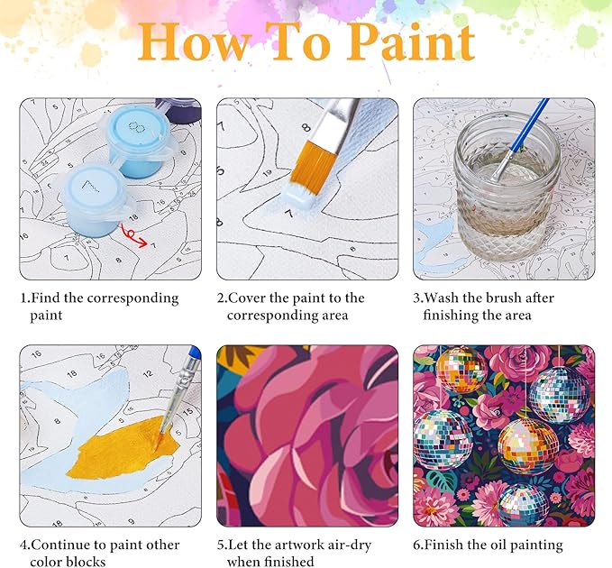Okarina Paint by Numbers Kit for Adults Beginner Disco Ball, Adult Paint by Number Kits on Canvas, Flower DIY Acrylic Oil Painting by Numbers for Adults, Perfect for Home Wall Decor 16X20 Inch