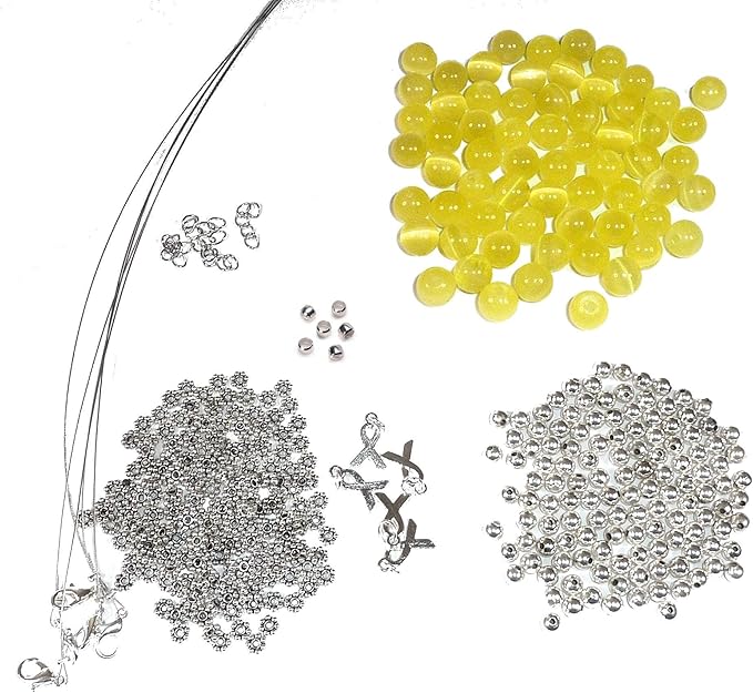 Hidden Hollow Beads DIY Craft Beading Kit, Everything to Make Cancer Awareness Bracelets, Uses Wire, Crimps and Clasps, Fundraising and Gifts (Bladder Cancer Sarcoma - Yellow - Makes 5)