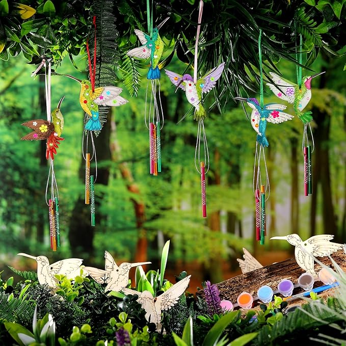 JellyArch 30 Pack Spring Hummingbird Wind Chime Craft Kit for Adults Groups, Summer DIY Wooden Art Make Your Own Hummingbird Painting Ornaments for Birthday Activities Decoration