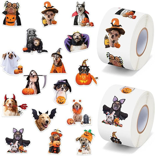 h1vojoxo halloween dog stickers roll - 1000pcs halloween dog dress up stickers in 2 rolls 16 designs pumpkin dogs self-adhesive sticker for kids craft envelope water bottle scrapbook party supplies
