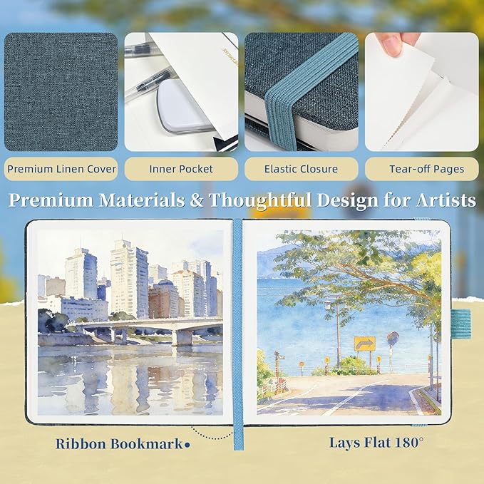 Vienrose Mini Portable Watercolor Palette Set for Travel & Outdoor Painting with 5.5" x 5.5" Linen Cover Watercolor Sketchbook, 12-Color Watercolor Paints, 3 Pens, Artist Tape & Storage Bag