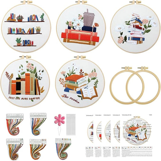 CMINAUS 5 Sets Embroidery Kit for Beginners Adults Book Lover, Embroidery Starter Kit Book Pattern Hand Crewel Needlepoint Cross Stitch Kits Includes 2 Hoops Colored Threads Needles