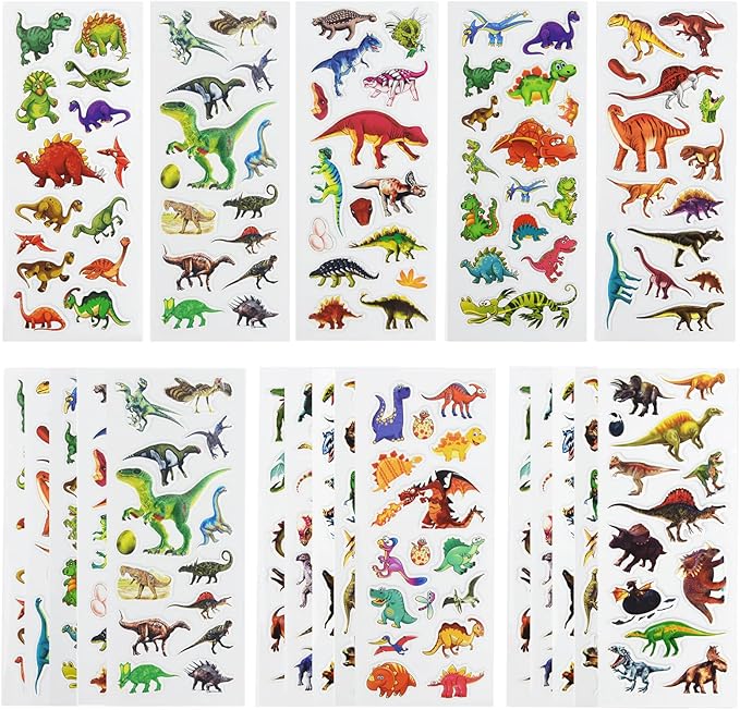 24 sheets(350+) dinosaur 3d puffy stickers for toddlers kids, bulk preschool sticker sheets for reward, craft, scrapbooking