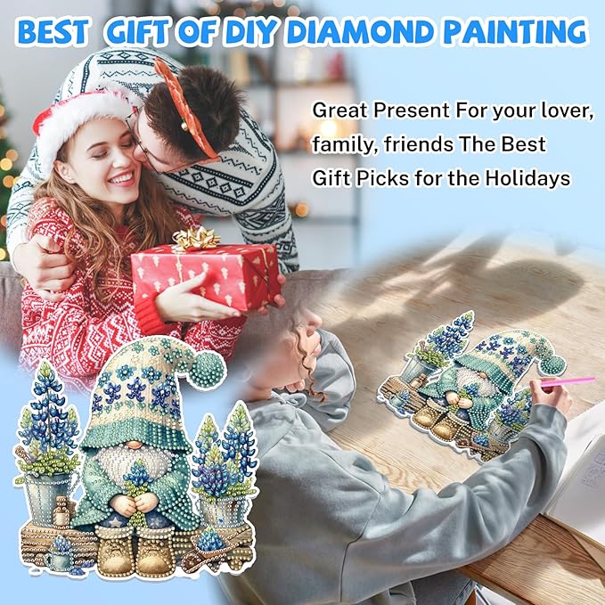 Bowetile Gnome Diamond Art Hanging Kits for Adults, 5D Special Shape Diamond Painting Flowers Pendant Kits, Gem Art Suncatchers Painting Window Ornament for Home Garden Wall Decor
