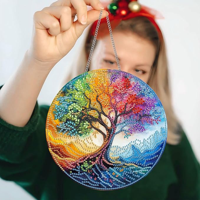 Pavemlo Hanging Diamond Art Kits for Adults Tree – 8x8 Inch Double-Sided Acrylic Board DIY Crystal Diamond Suncatcher Pendant, Sparkling Home Wall or Window Decoration Handmade Gift
