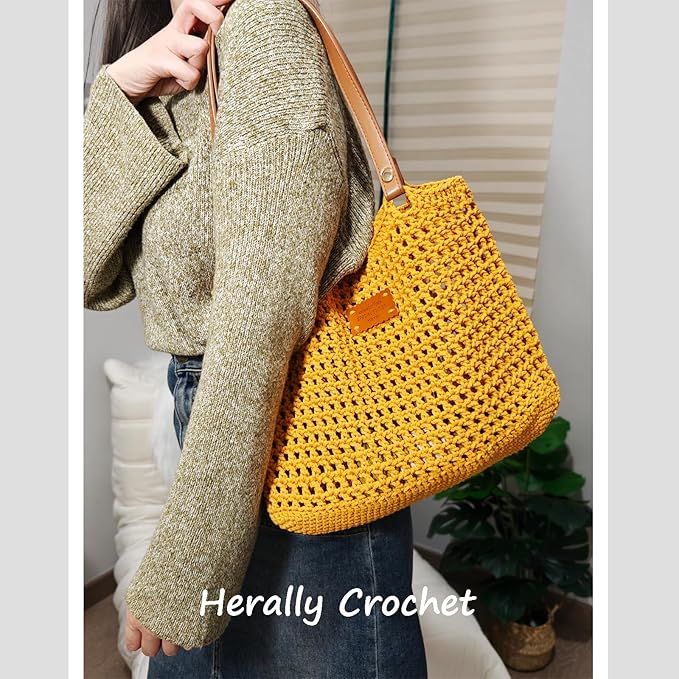 Herally Crochet Kit DIY Bag for Beginners - Include Yarn, Hook and Accessory - with Step by Step Video Tutorials - Crochet Tote Bag (Yellow)