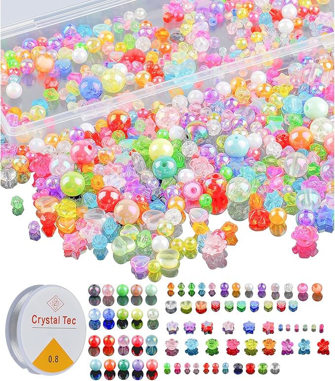 650 Pcs Crystal Beads for Jewelry Making,Sparkly Crystal Acrylic Bead DIY for Bracelets Craft Earrings Necklaces Making,Assorted Rondelle/Heart/Flower/Star Bulk Beads with Elastic String and Box