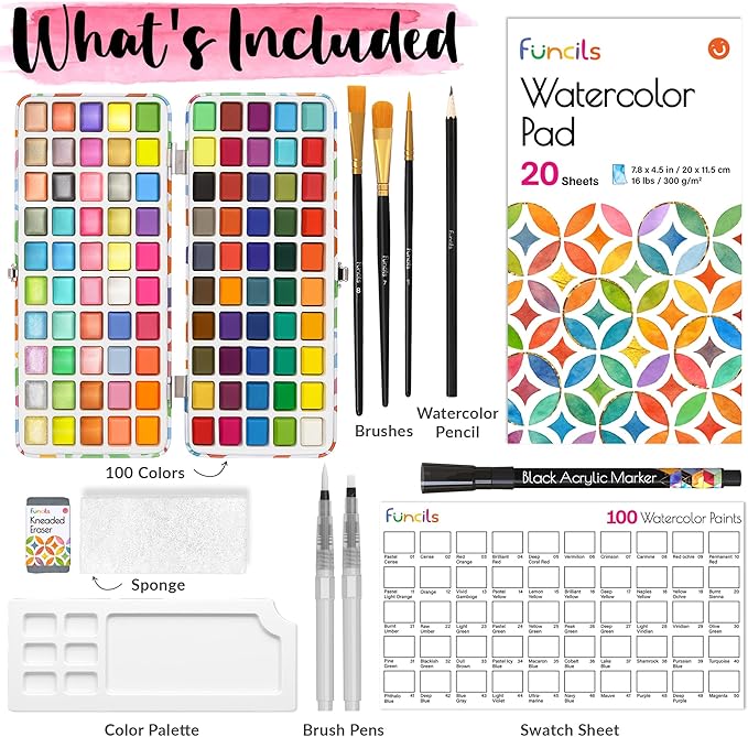 100 Watercolor Paint Set - Water Colors Paint for Adult, Beginners, Professional Artists | Watercolor Palette with Paper, Brushes, Pen | Travel Painting Kit, Art Supplies for Adults