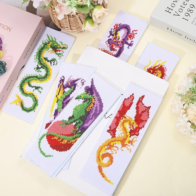 ORIGACH 6 Pcs Cross Stitch Bookmark Kit for Beginner Dragon Pattern Stamped Embroidery Stitch Kits for Starter DIY Bookmarks Printed Cross Stitch Kits with 13 Colors Embroidery Floss