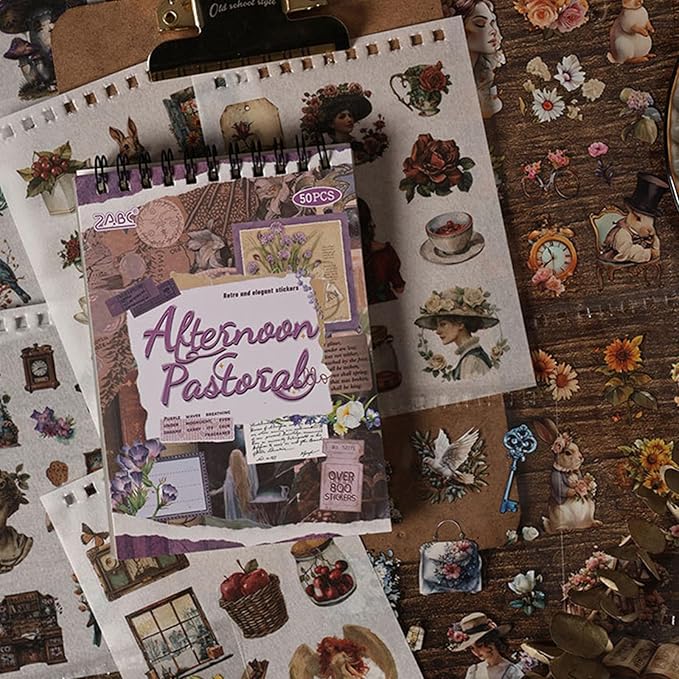 Uideyvi Pastoral Series Sticker Scrapbooking Supplies for Junk Journal, 25 Sheets Washi Stickers and 25 Sheets PET Stickers(TZ-010-003)