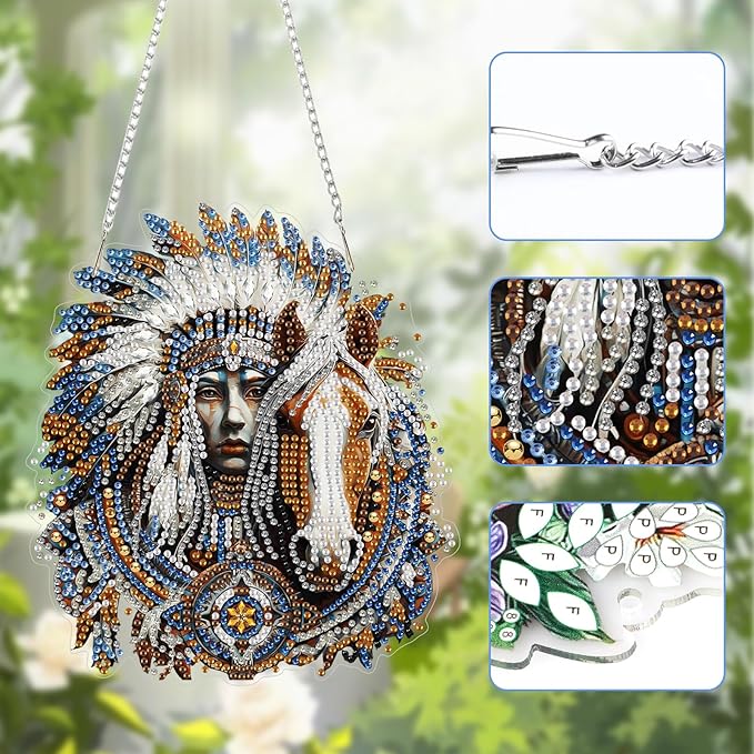 Lxmsja DIY Indian Chief Diamond Painting Hanging Ornament, Double-Sided Acrylic Horse Diamond Art Kit, Special Shaped Suncatcher Hanging Pendant Window Art Kit 8x7 inch