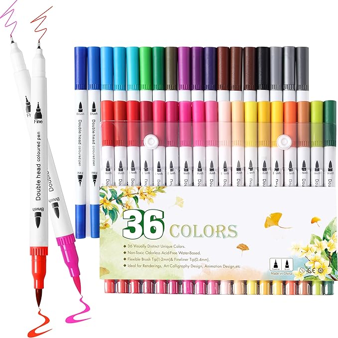 36 Brush Markers for Adult Coloring Books,Office Markers for Adults Lettering,Dual Tip Brush Pens for Drawing,Colored Pens for Art,Journal Planner,Doodle,Brush&Fine Marker for Teen Girl Gifts