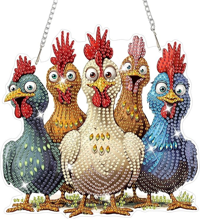 NAIMOER Chickens Diamond Art Hanging Kits for Adults, 5D Special Shaped Rhinestone, DIY Acrylic Spring Diamond Art Painting Window Pendants Home Garden Wall Hanging Ornament Kits, Double Sided