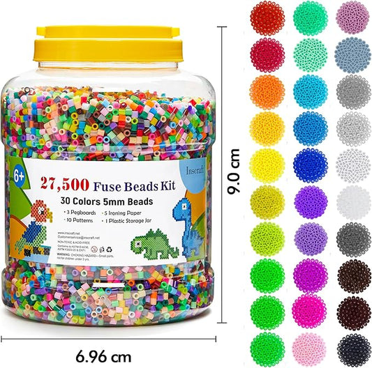 inscraft 27,500 pcs fuse beads kit for kids crafts, 30 colors iron beads set with 3 pegboards, 5 ironing paper, 10 patterns, gifts for birthday christmas, multicolor 5mm melty beads bulk refill kit