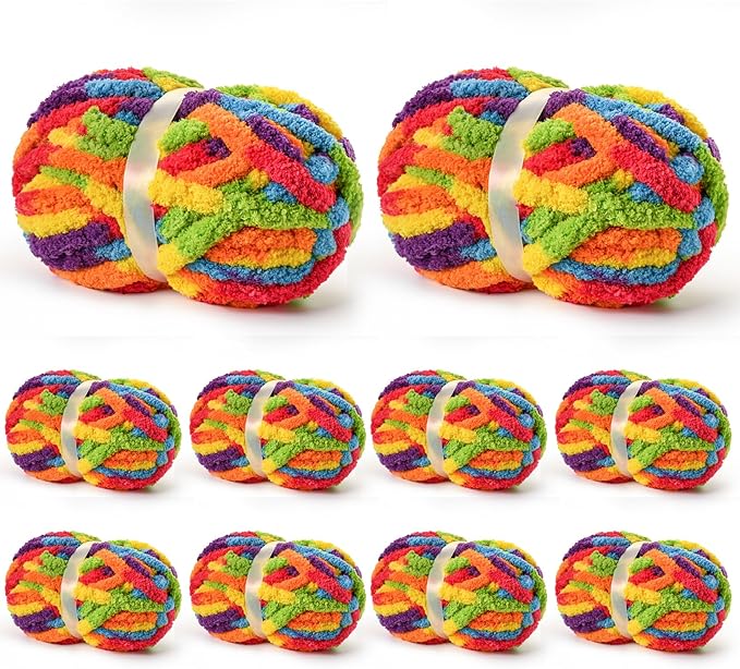 10 Pack Jumbo Chunky Yarn for Hand Knitting, Fluffy Variegated Chunky Chenille Yarn for Crocheting, 240yds/70.5oz Super Bulky Soft Crochet Baby Blanket Yarn(Rainbow)