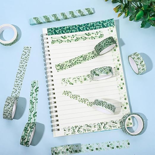 Whaline 12 Rolls Greenery Washi Tapes Watercolor Plants Eucalyptus Masking Tape 15mm Green Leaves Decorative Tape Stickers for Scrapbook Journal Planner DIY Craft Gift Wrapping, 16.4ft