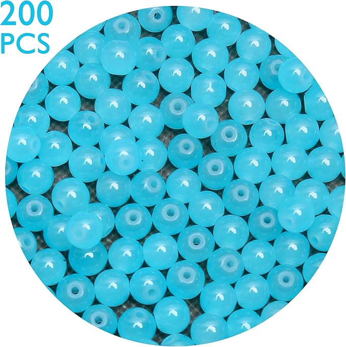 200PCs 8mm Aquamarine Jade Glass Beads Bulk, Round Smooth Hole Glass Crystal Beads for Jewelry Making, DIY Bracelets, Necklaces, Bag Charms, Keychains and Craft Projects
