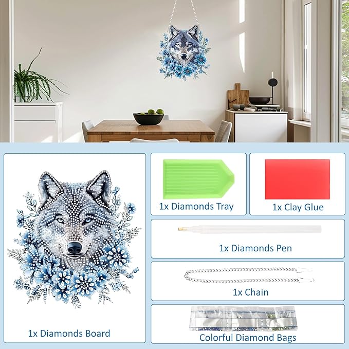 SENQAO Wolf Diamond Art Hanging Kit for Adult, Special Shaped Rhinestone, DIY Acrylic 5D Diamond Art Painting Window Pendants Home Garden Wall Hanging Kits Hanging Ornament
