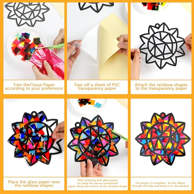 32 Sets Spring Crafts Suncatchers Kit DIY Rainbow Window Stained Glass Effect Paper Decoration Back to Art Craft Creative Activity Project Party Favors