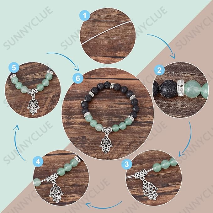 SUNNYCLUE 1 Box DIY 6 Pcs Yoga Charms Tree of Life Charms Bracelets Making Kit Hamsa Charm Lotus Flower Charms for Jewelry Making Beading Bracelet Kit Adults Tiger Eye Round Beads Lava Rock Bead Set