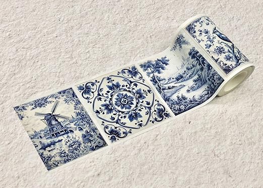 Serenity Fair Washi Tape – Mediterranean Tile Pattern, Extra Wide 4 Inch Scrapbook Supplies for Scrapbooking, Journaling, Stickers, Craft Paper, and DIY Scrapbook Tape Roll (Delft Blue Tiles)