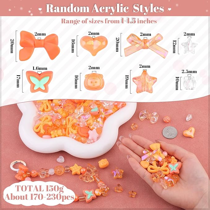 200-260pcs tinkrstuff assorted acrylic beads orange cute beads for bracelet making, bow aesthetic gummybear flower candy butterfly kawaii charms for jewelry making diy necklace keychain phone charm