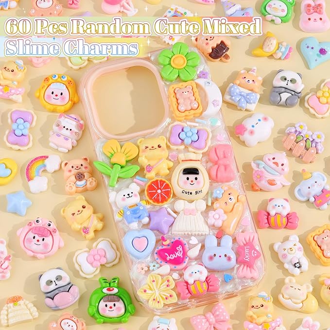 60PCS Slime Charms Cute Flatback Resin Charms for Slime, Random Kawaii Decoden Charm for Embellishments Phone Junk Case Charms Bulk, Hairpins Scrapbooking Crafting & DIY Decoration