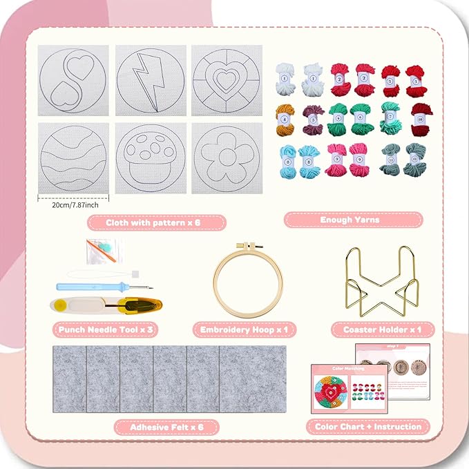 AIRDEA Punch Needle Drink Coasters Kit,Casual Punch Needle Embroidery Complete Kits for Beginner 3.29x3.29 Inches,Included All Accessories,DIY Car Coasters (red Green)