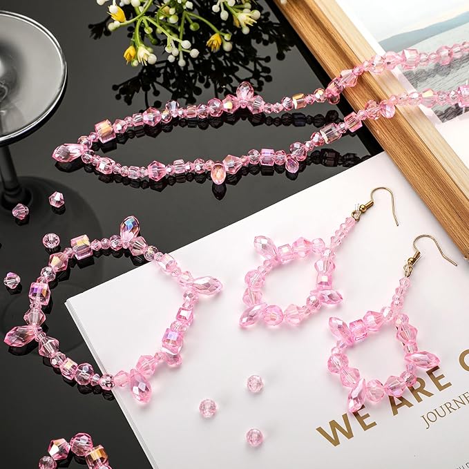 Kigeli 1280 Pcs Glass Beads Bulk Assorted Crystal Beads for Jewelry Making Faceted Teardrop Rondelle Briolette for DIY Crafts Necklace Wristband Earring Kit(Classic,Pink)