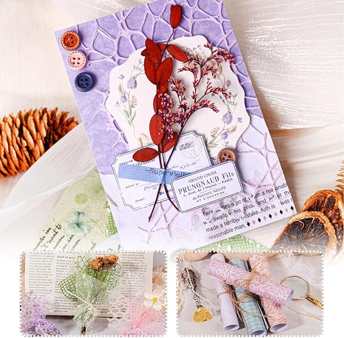 156Sheets Textured Scrapbook Paper & Mesh Fabric Assorted Set+30 Buttons, 6 Pack Mixed Special Paper for Scrapbooking,Planner,Bullet Junk Journal Supplies & DIY Mixed Media Collages 4.3x5.5in