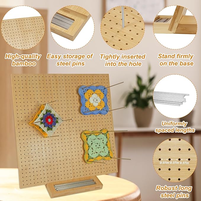 15.5" x 15.5"Foldable Crochet Blocking Board with Pins,Granny Square Blocking Board,Blocking Mats for Knitting with 35 5.9"Stainless Steel Rod Pins,Bamboo Crocheting Accessories Gifts for Crocheters