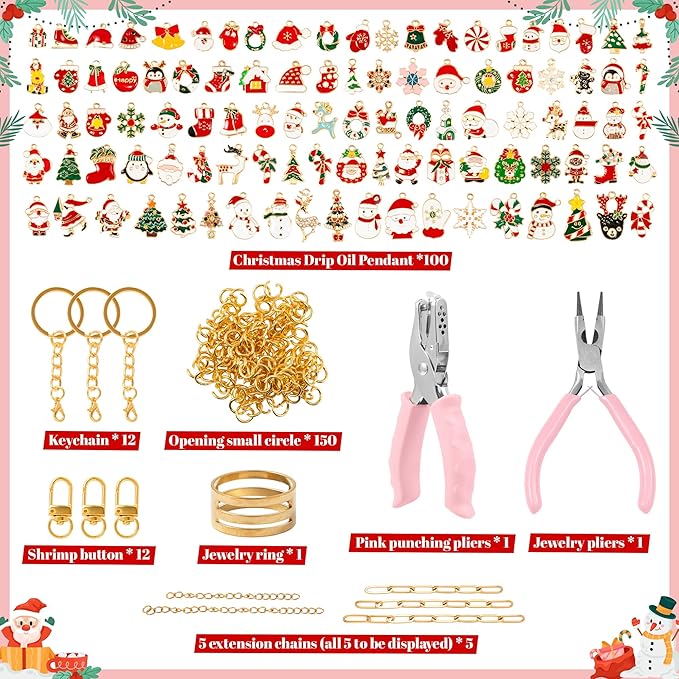 WATINC DIY Christmas Keychain Making Kit - 302Pcs Bag Christmas Charm Craft Kit with Pliers, Enamel Pendants, Charms Extender Chains for Xmas Holiday Gifts, Stocking Stuffers for Adults Teens Girls