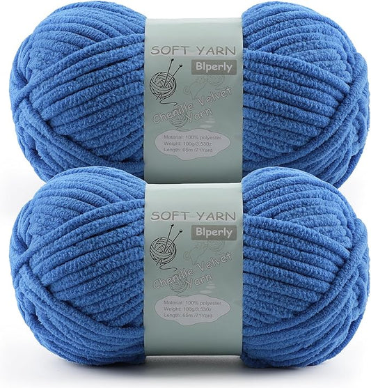 Chunky Chenille Yarn Velvet Soft Super Bulky Size 6 for Crocheting Knitting, Baby Blanket Yarn, 100g 71 Yds per Skein, Easy to Use for Scarves, Amigurumi, Crafts (2, Sky Blue)