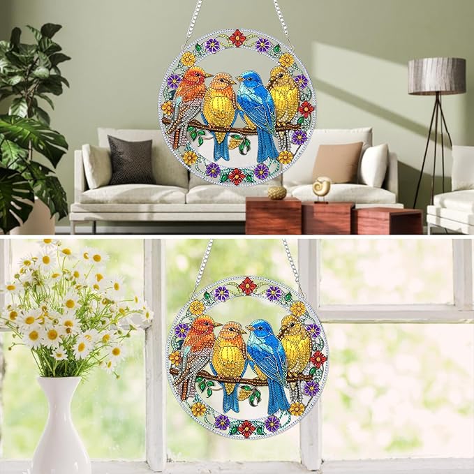 MXJSUA Diamond Art Hanging Kits for Adults Beginners, Birds DIY Acrylic Special Shaped Crystal Diamond Gem Art Pendant Drills Painting Ornament for Home Wall Decor and Gift