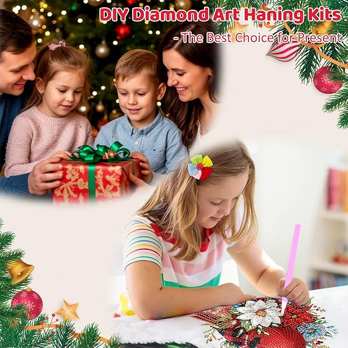 MEIYUDA Christmas Diamond Art Hanging Kits for Adult, Flowers Cardinal Diamond Painting Hanging Kits Ornaments, DIY Special Shaped Rhinestone Window Pendants kit for Home Garden Wall Decor Gift