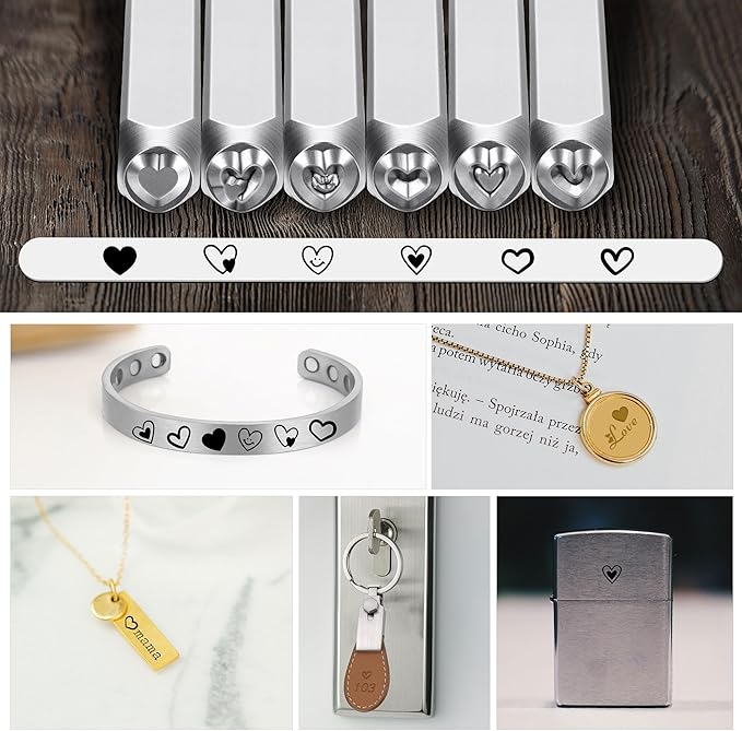 Yoption Heart Jewelry Metal Stamping Set, 6 Pcs Metal Stamps Heart-Shaped Punch Stamping Set 3mm for Stamping/Punching Metal, Jewelry Working