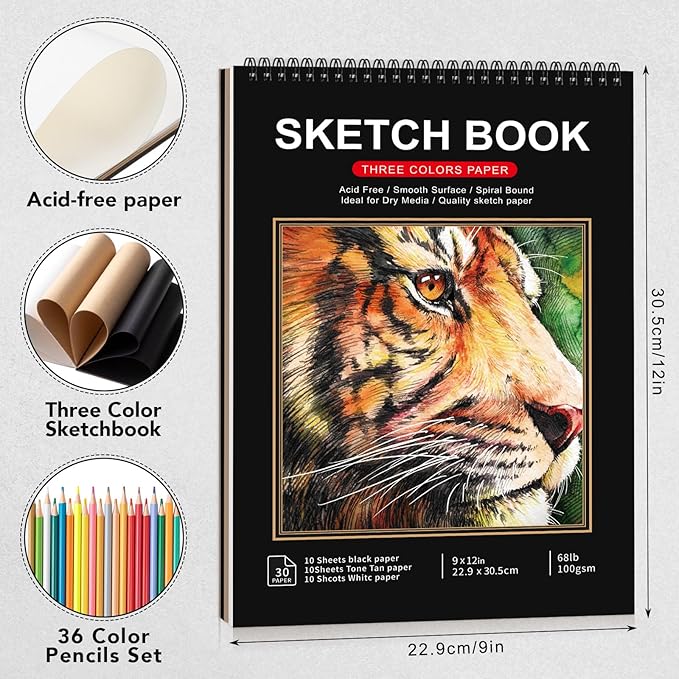 Prudiut Drawing Sketchbook Kit, Sketch Book with 36 Color Pencils, Three Color Black Sketch Pad, Acid-Free Drawing Pad for Artist, Art Paper Painting Supplies for Gifts (9×12 inch)