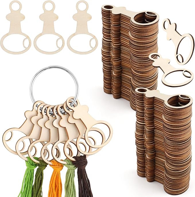101pcs Wooden Thread Drops,2.4x1.36 Inch Teardrop Embroidery Floss Organizer with Floss Ring Cross Stitch Bobbins for DIY Sewing Storage,Craft Supplies(Style E)
