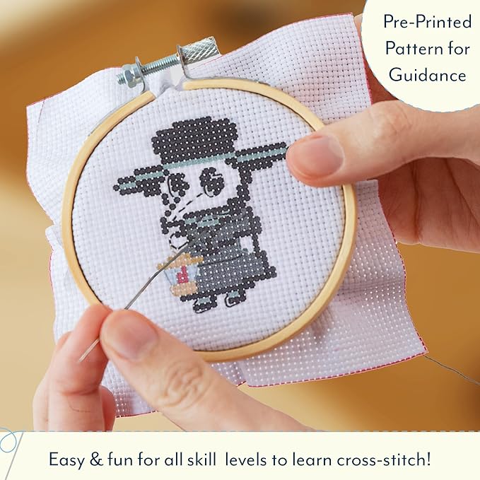 GAMAGO Plague Doctor Cross Stitch Embroidery Kit – DIY Needlework Craft Set with Hoop, Fabric, Floss & Instructions, Cute Beginner Embroidery Kit for Kids, Teens, & Adults
