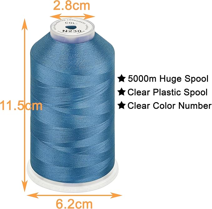 New brothread - Single Huge Spool 5000M Each Polyester Embroidery Machine Thread 40WT for Commercial and Domestic Machines - Bright Blue(Janome Color)