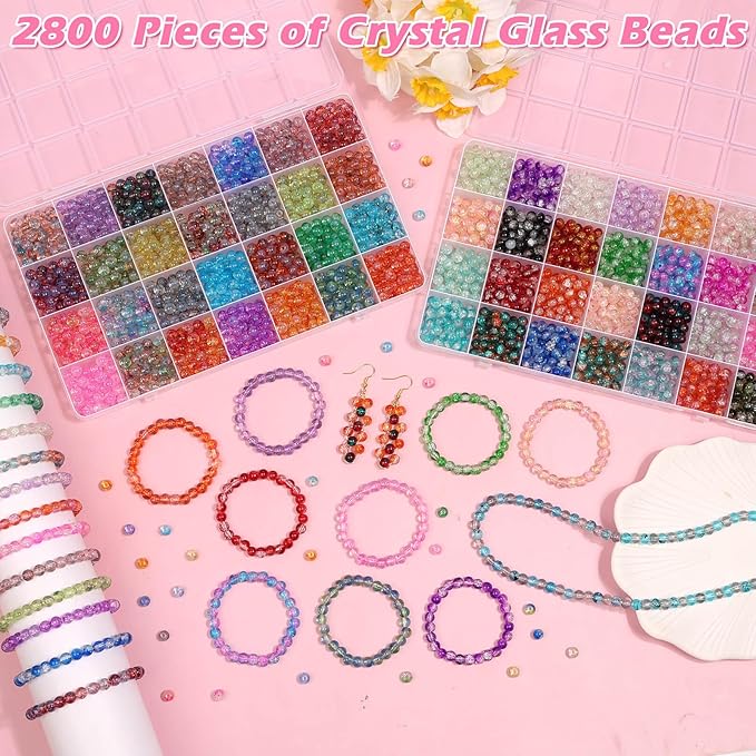 shynek 2800 6mm Glass Beads for Bracelets, 56 Colors Crystal Beads for Jewelry Making, Bracelet Making and DIY Crafts(28 Crackle Colors and 28 Ink Patterns Colors)