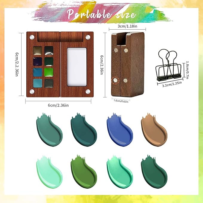 Mini Paint Palette Travel kit - Mini Watercolor Palette Set, Pocket Artist Water Color travel Set with Colours, Binder Clips, Watercolor Pens, Wooden Paint Box for Painters Artists Students