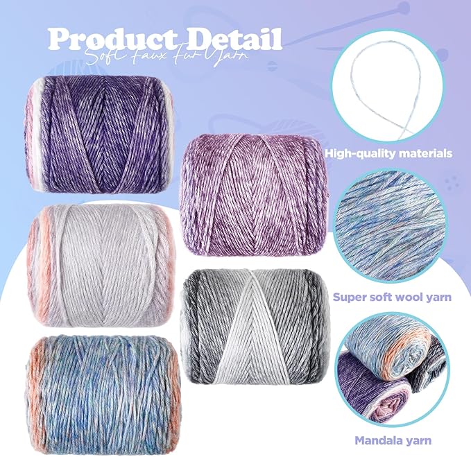 Timgle 5 Rolls Ombre Cake Yarn for Crocheting & Knitting, 3.5oz/100g 328yds Multicolor Self Striping Gradient Yarn, Soft 60% Cotton 30% Acrylic 10% Wool for Scarves Shawls Blankets Garments(Purple)