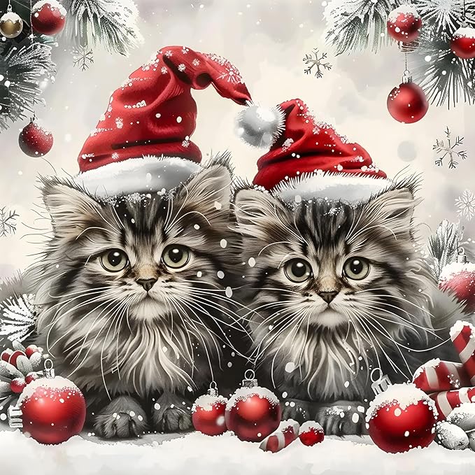 EMIEAUFG Christmas Diamond Art Kits for Adults, Christmas Cat Diamond Paiting Kit for Beginners, 5D DIY Round Full Drill Craft Diamond Dot Gem Art, Home Wall Decor 12" x 12"