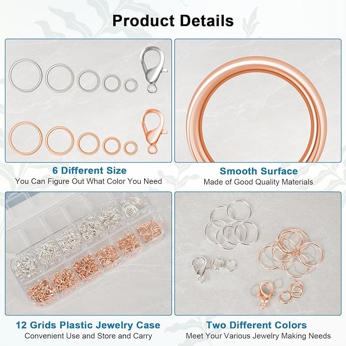 1200 Pcs Jump Rings, Jewelry Making Kit with Open/Close Tools, Pliers, Tweezers, Lobster Clasps, DIY Necklace Repair and Keychain Supplies (Silver Plated & Rose Gold)
