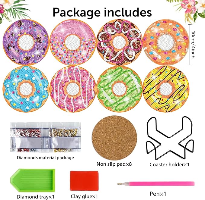 igoodom 8 Pcs Diamond Art Coasters Kit with Holder, DIY Donuts Diamond Painting Coasters for Beginners Adults, Non Slip Diamond Art Kits Craft Supplies 4x4inch
