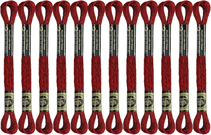 12 Skeins Embroidery Floss, Red Metallic Embroidery Thread Polyester Cross-Stitch Threads for Hand Embroidery String Art DIY Creation