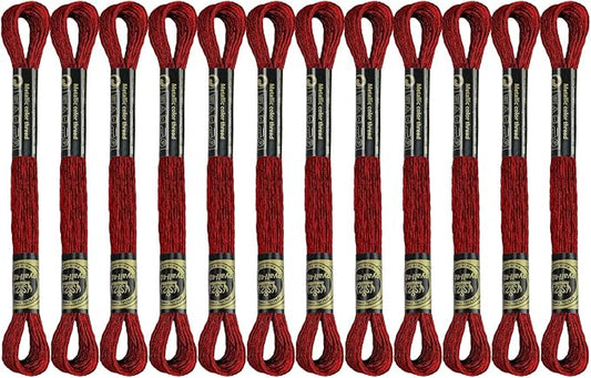 12 Skeins Embroidery Floss, Red Metallic Embroidery Thread Polyester Cross-Stitch Threads for Hand Embroidery String Art DIY Creation